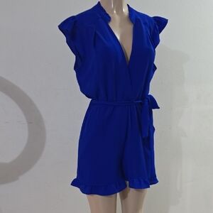 Royal Blue Ruffle Romper with Tie Waist